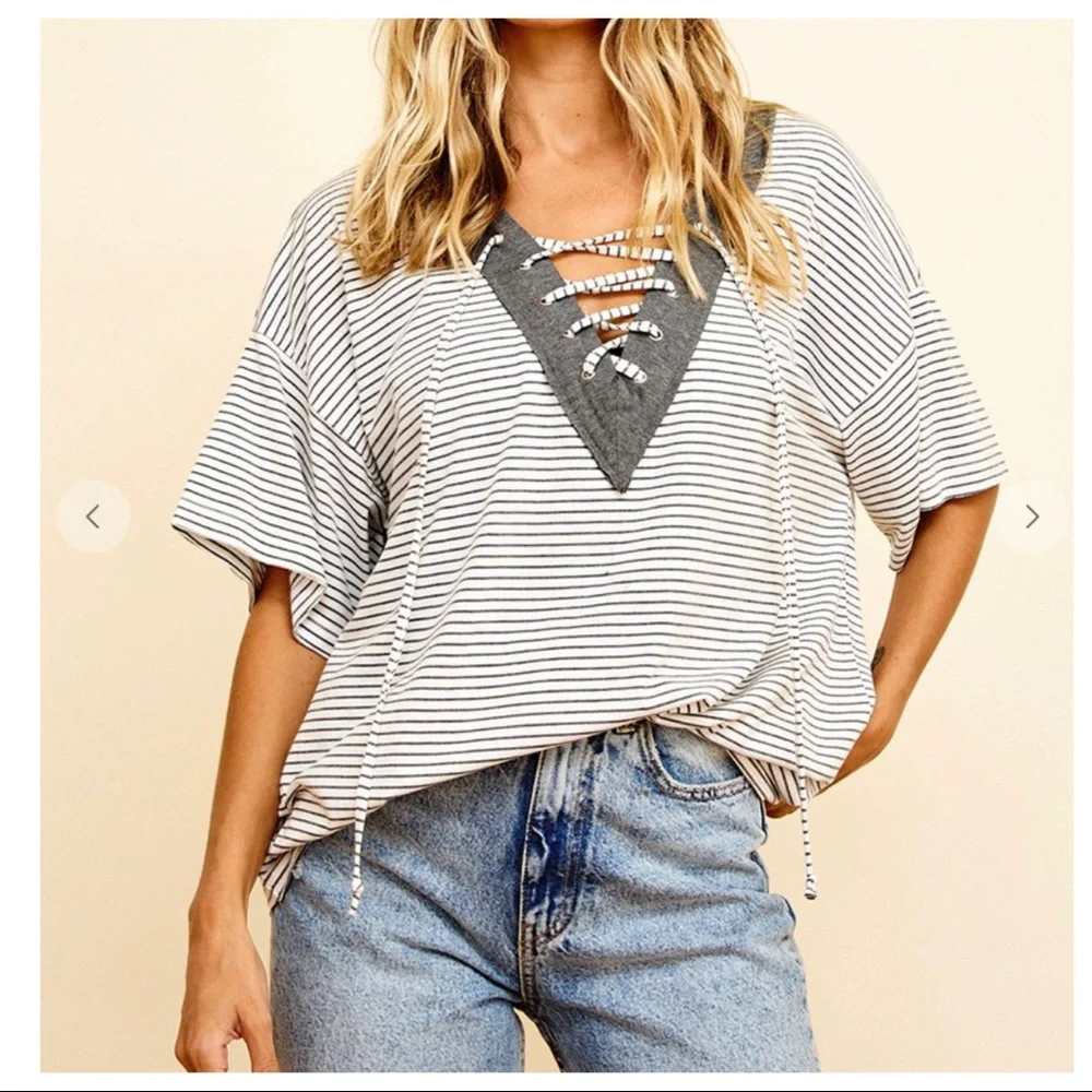 #15 Jamie Lace Up Unique Striped Top - Picture 5 of 6
